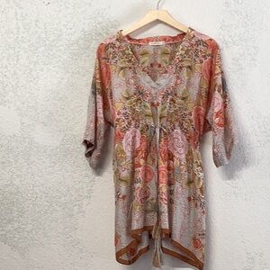 JOHNNY WAS Muted Coral and Green Floral Silk Tunic. Size :Medium